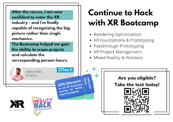 XR Bootamp is major sponsor at the MIT Reality Hack. Continue hacking with XR Bootcamp!