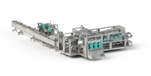 Primary packaging machine FPC5 (flow packs) with connection to cartoner BLM for secondary packaging. // Theegarten-Pactec GmbH & Co. KG
