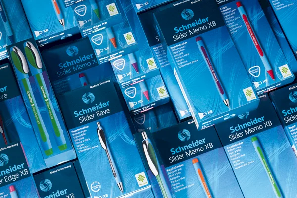 Schneider packages in blue: Made in Germany is visible on every package.