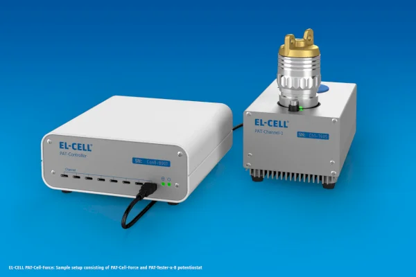 Sample setup with PAT-Cell-Force and PAT-Tester-x potentiostat. // EL-CELL GmbH