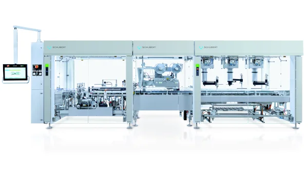 The use of flexible pick and place robots makes the flow-wrapping machine compact. // Gerhard Schubert GmbH