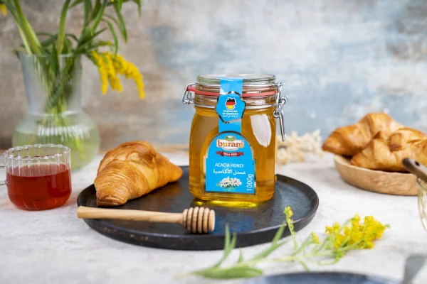 1000g Acacia Honey in glass jar // Buram GmbH